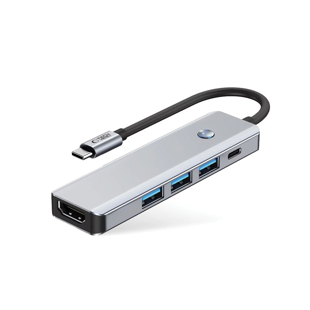 Tech-Protect HB01 USB-C Hub, 1 x USB-A 3.0 - 2 x USB-A - 1 x USB-C - 1 x HDMI, Gray