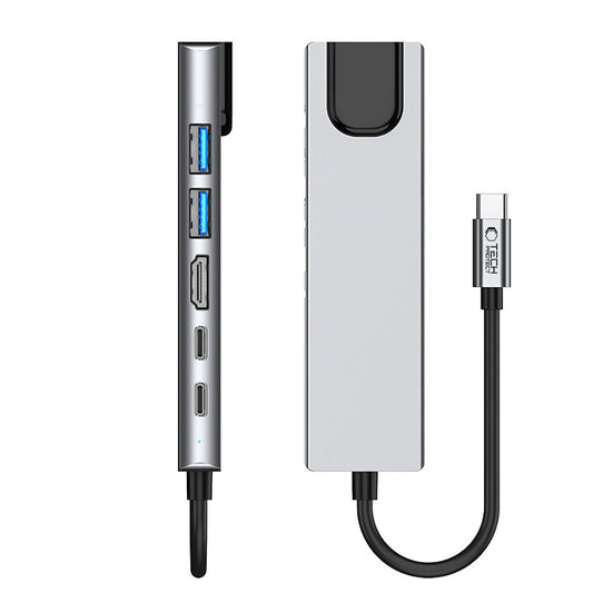 Hub USB-C Tech-Protect HB02, 1 x USB-A 3.0 - 1 x USB-A - 2 x USB-C - 1 x HDMI - 1 x RJ45, Harmaa