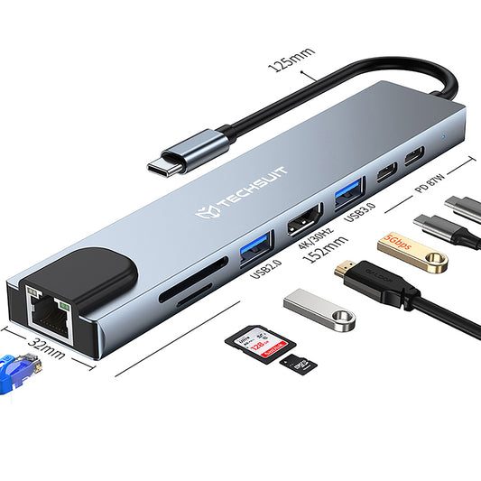 USB-C Techsuit H2 NetBridge -keskitin, 8in1, Harmaa