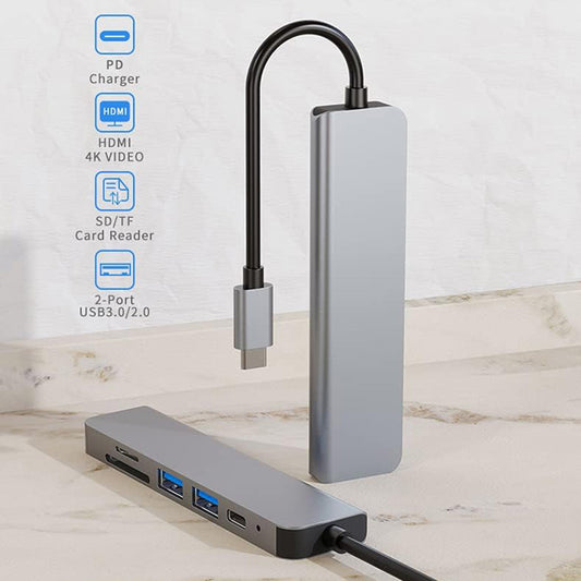 Hub USB-C Techsuit H5 TurboChargeX, 6in1, Harmaa