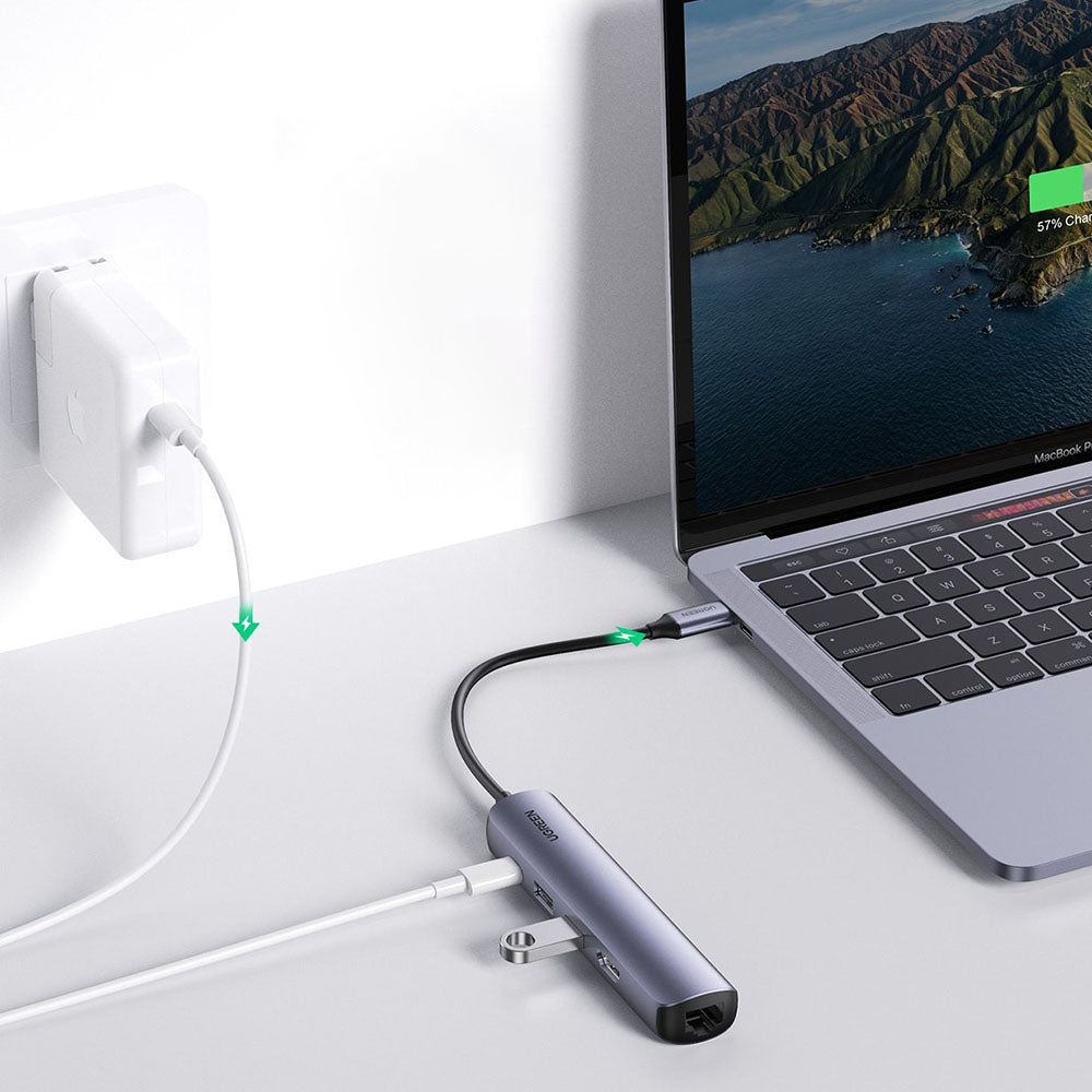 Hub USB-C UGREEN CM418 (10919), 2 x USB-A 3.0 - 1 x USB-C - 1 x HDMI - 1 x RJ45, Harmaa