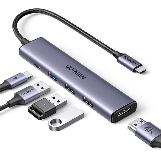 Hub USB-C UGREEN CM478, 1 x USB-A 3.0 - 2 x USB-A - 1 x USB-C - 1 x HDMI, Harmaa