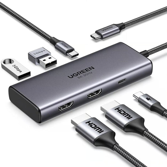 Hub USB-C UGREEN CM498 (15852), 2 x USB-A 3.0 - 2 x USB-C - 2 x HDMI, Harmaa