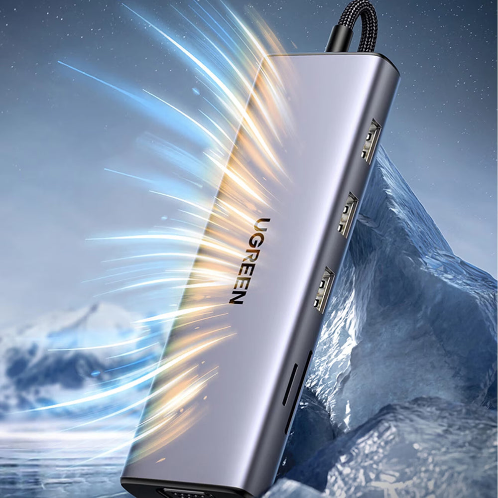 Hub USB-C UGREEN CM498 (15600), 3 x USB-A 3.0 - 1 x USB-C - 1 x HDMI - 1 x VGA - 1 x RJ45 - 1 x SD - 1 x microSD, Harmaa