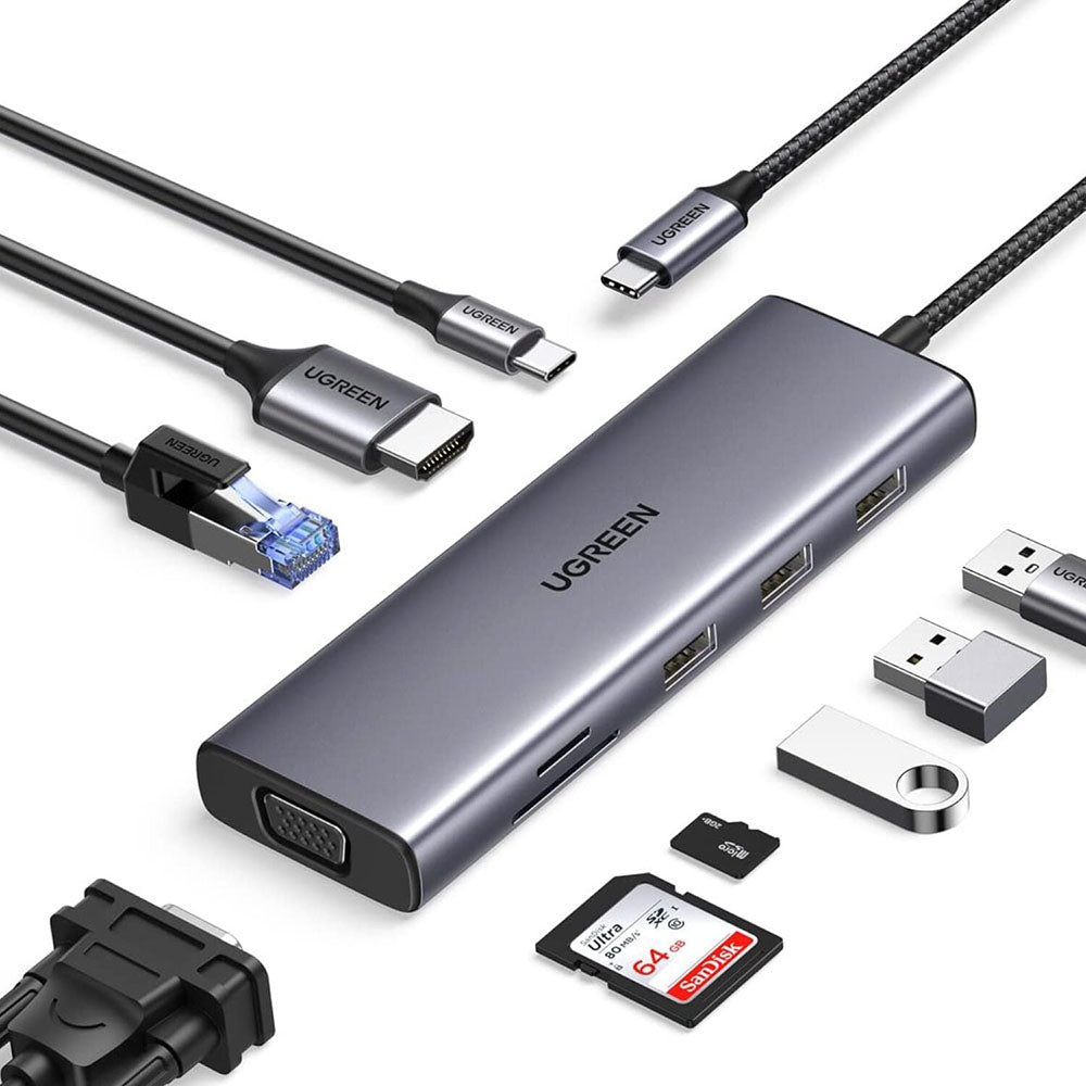 Hub USB-C UGREEN CM498 (15600), 3 x USB-A 3.0 - 1 x USB-C - 1 x HDMI - 1 x VGA - 1 x RJ45 - 1 x SD - 1 x microSD, Harmaa