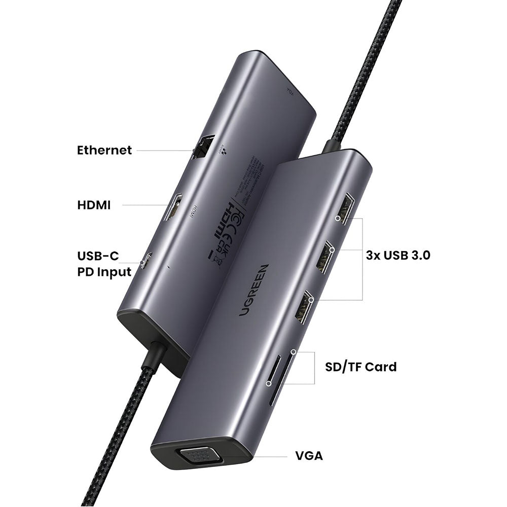 Hub USB-C UGREEN CM498 (15600), 3 x USB-A 3.0 - 1 x USB-C - 1 x HDMI - 1 x VGA - 1 x RJ45 - 1 x SD - 1 x microSD, Harmaa