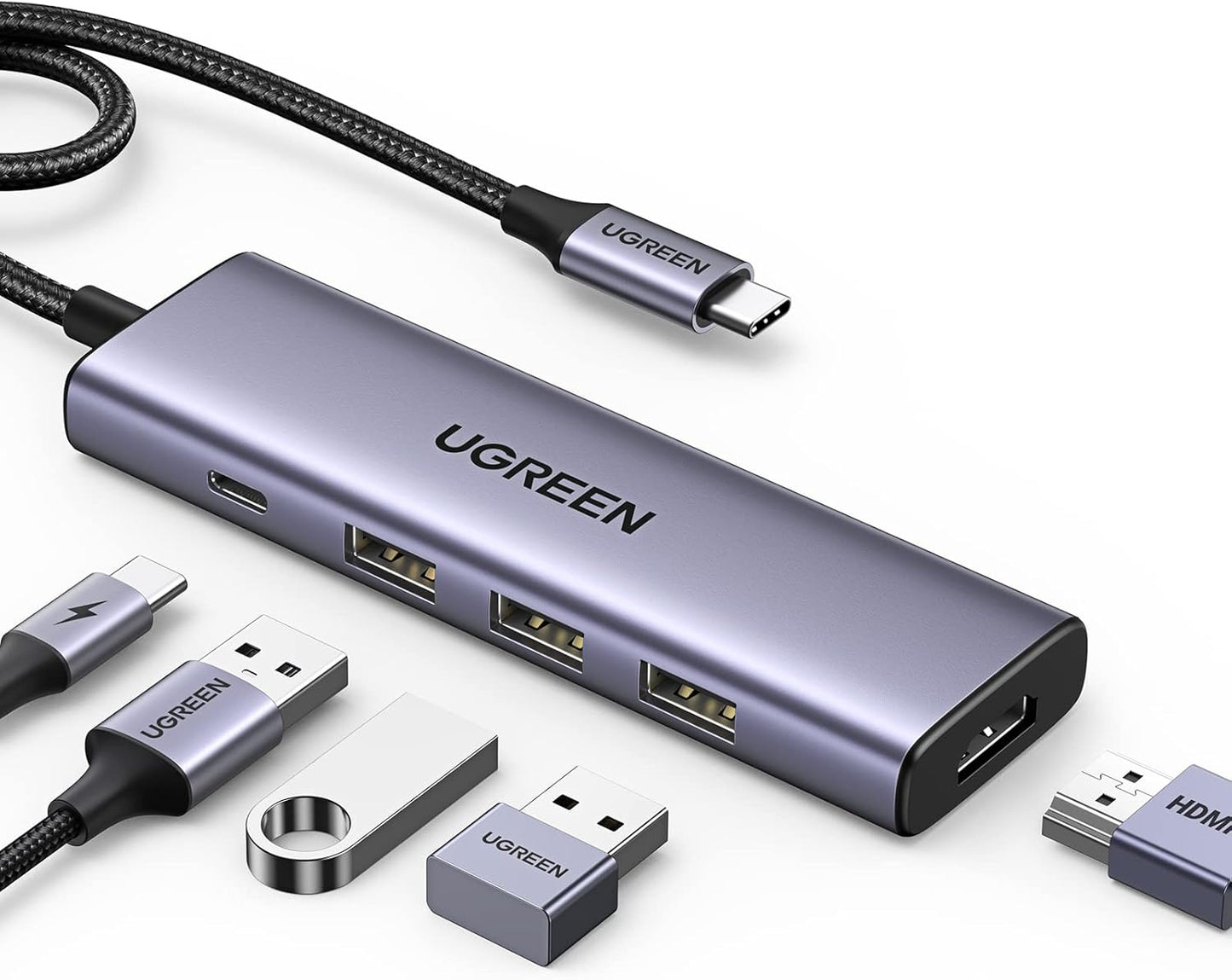 Hub USB-C UGREEN CM511, 3 x USB-A 3.0 - 1 x USB-C - 1 x HDMI, Harmaa
