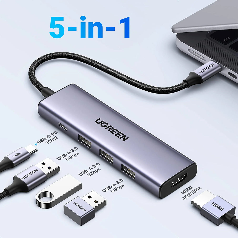 Hub USB-C UGREEN CM511 (15596), 3 x USB-A 3.0 - 1 x USB-C - 1 x HDMI, Harmaa