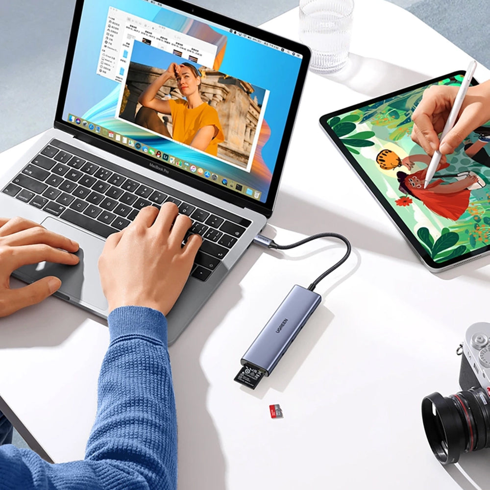 Hub USB-C UGREEN CM511 (20956A), 3 x USB-A 3.0 - 1 x HDMI - 1 x SD - 1 x microSD, Harmaa