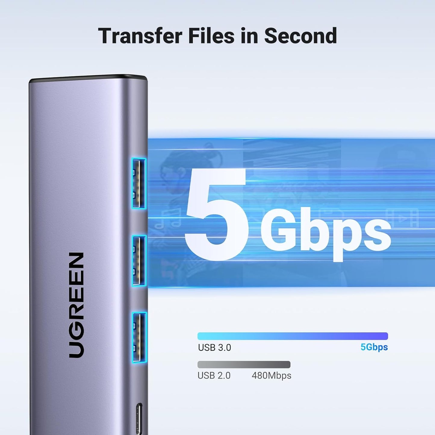 Hub USB-C UGREEN CM511, 3 x USB-A 3.0 - 1 x USB-C - 1 x HDMI, Harmaa