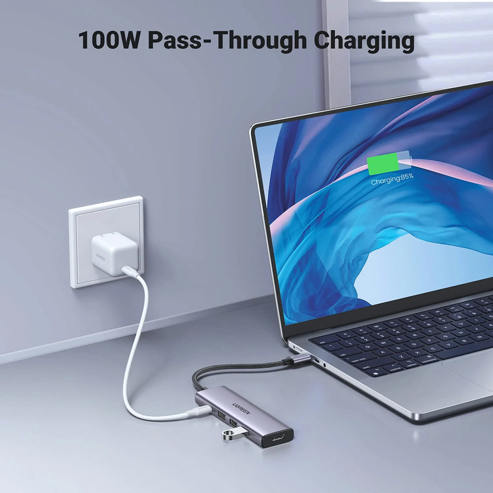 Hub USB-C UGREEN CM511 (15596), 3 x USB-A 3.0 - 1 x USB-C - 1 x HDMI, Harmaa
