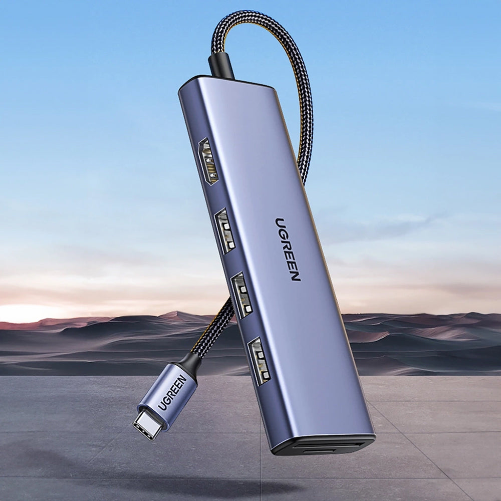 Hub USB-C UGREEN CM511 (20956A), 3 x USB-A 3.0 - 1 x HDMI - 1 x SD - 1 x microSD, Harmaa