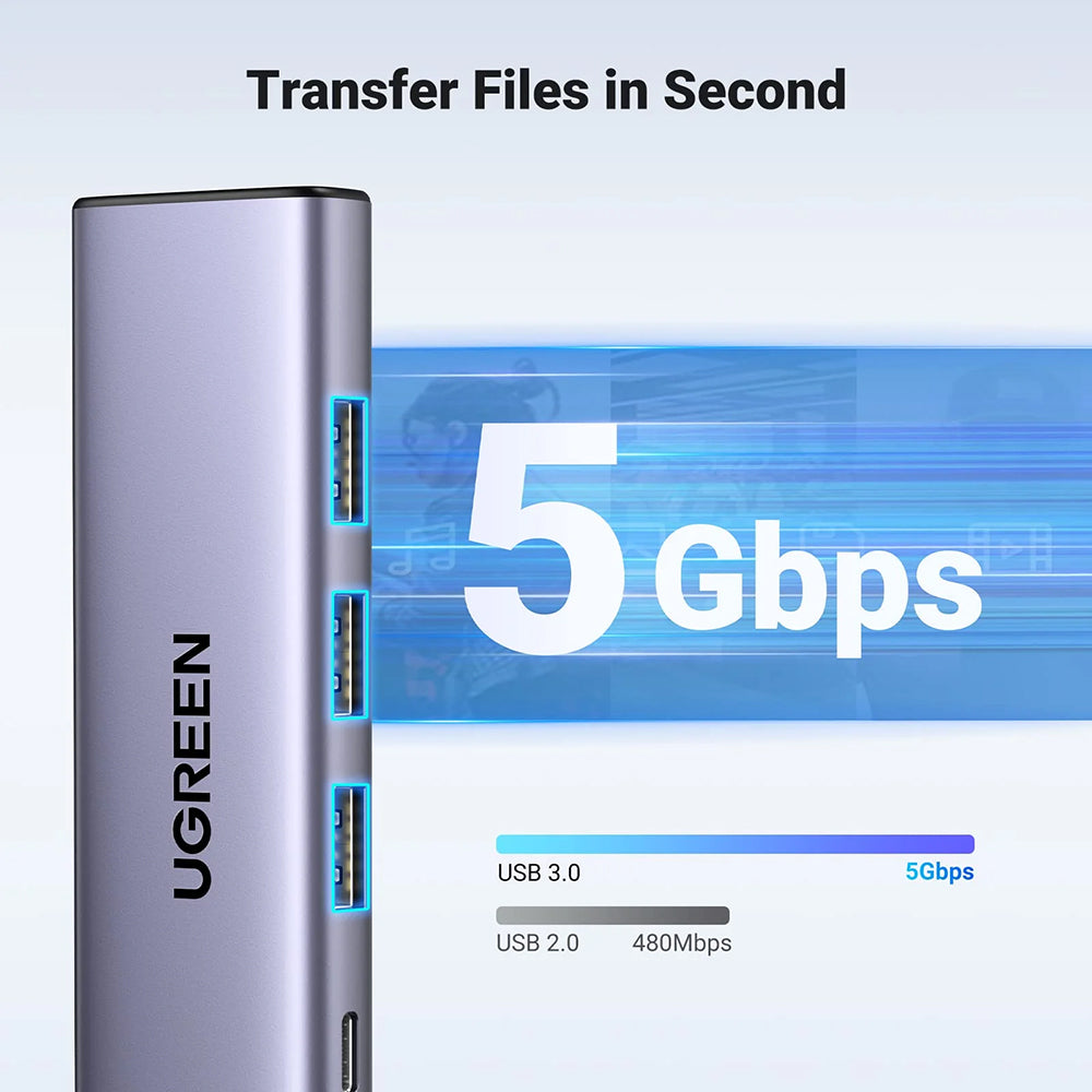 Hub USB-C UGREEN CM511 (15596), 3 x USB-A 3.0 - 1 x USB-C - 1 x HDMI, Harmaa