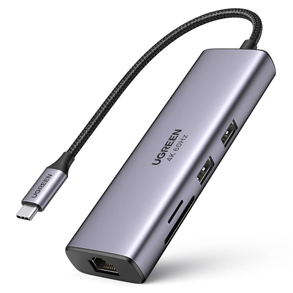 Hub USB-C UGREEN CM512 (60515), 2 x USB-A 3.0 - 1 x USB-C - 1 x HDMI - 1 x SD - 1 x microSD - 1 x RJ45, Harmaa
