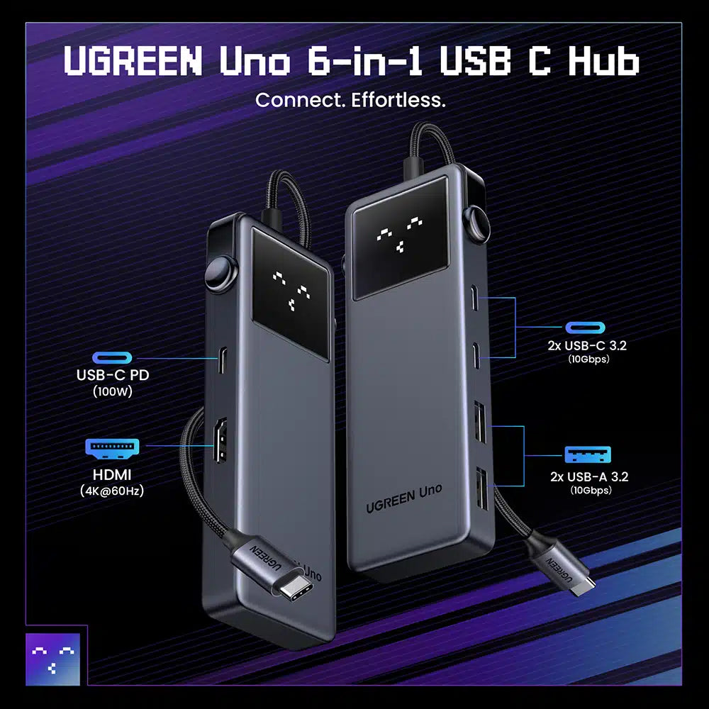 Hub USB-C UGREEN CM888 Uno, 2 x USB-A 3.2 - 3 x USB-C - 1 x HDMI, Harmaa