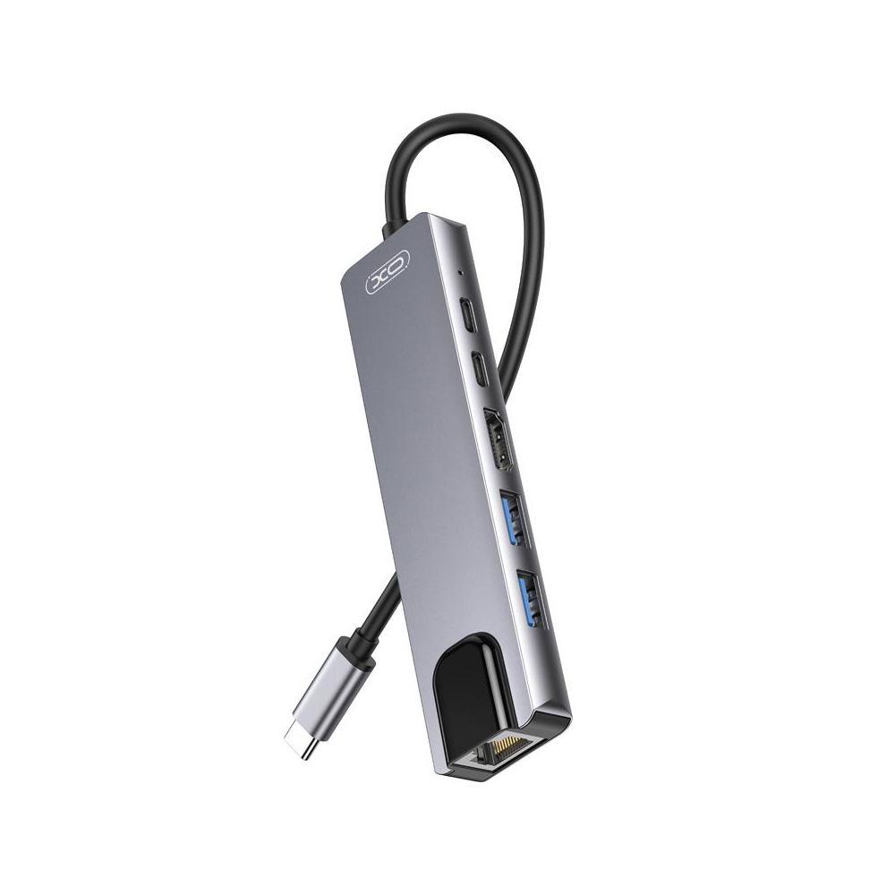 Hub USB-C XO Design HUB013, 1 x USB-A - 1 x USB-A 3.0 - 2 x USB-C - 1 x HDMI - 1 x RJ45, Harmaa