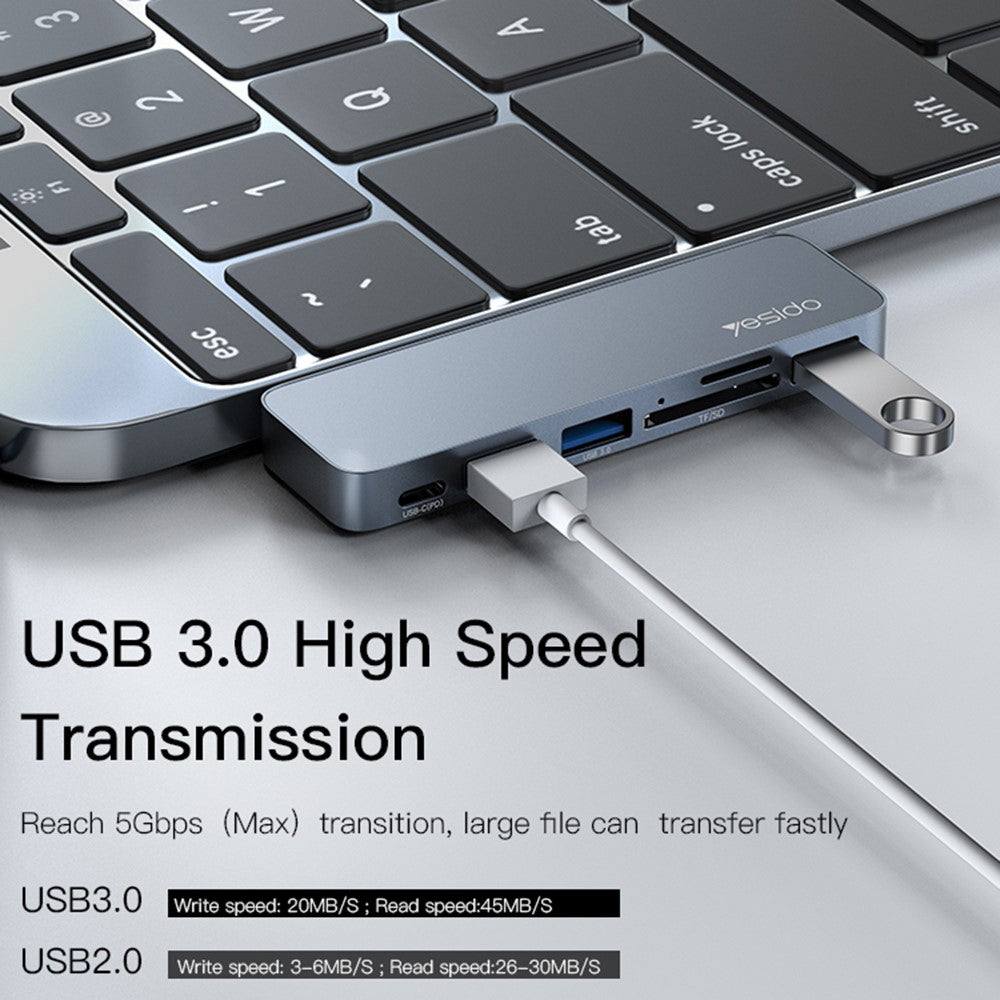 Yesido HB10 USB-C -keskitin Apple MacBook Pro / Air, 6in1, Harmaa