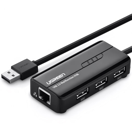 USB-keskitin UGREEN 20264, 3 x USB-A - 1 x RJ45, musta