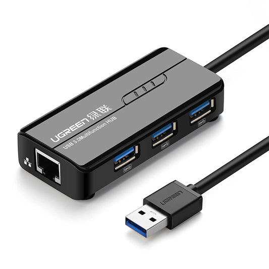 USB-keskitin UGREEN 20265, 3 x USB-A 3.0 - 1 x RJ45, musta