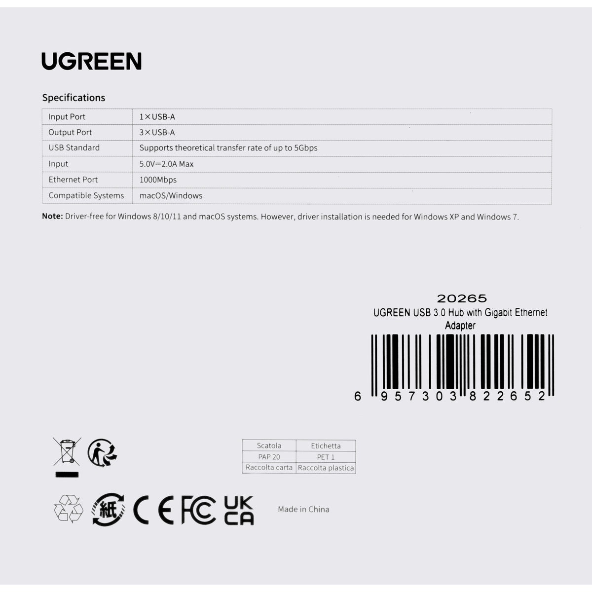 UGREEN 20265 USB-hubi, 3 x USB-A 3.0 - 1 x RJ45, Musta