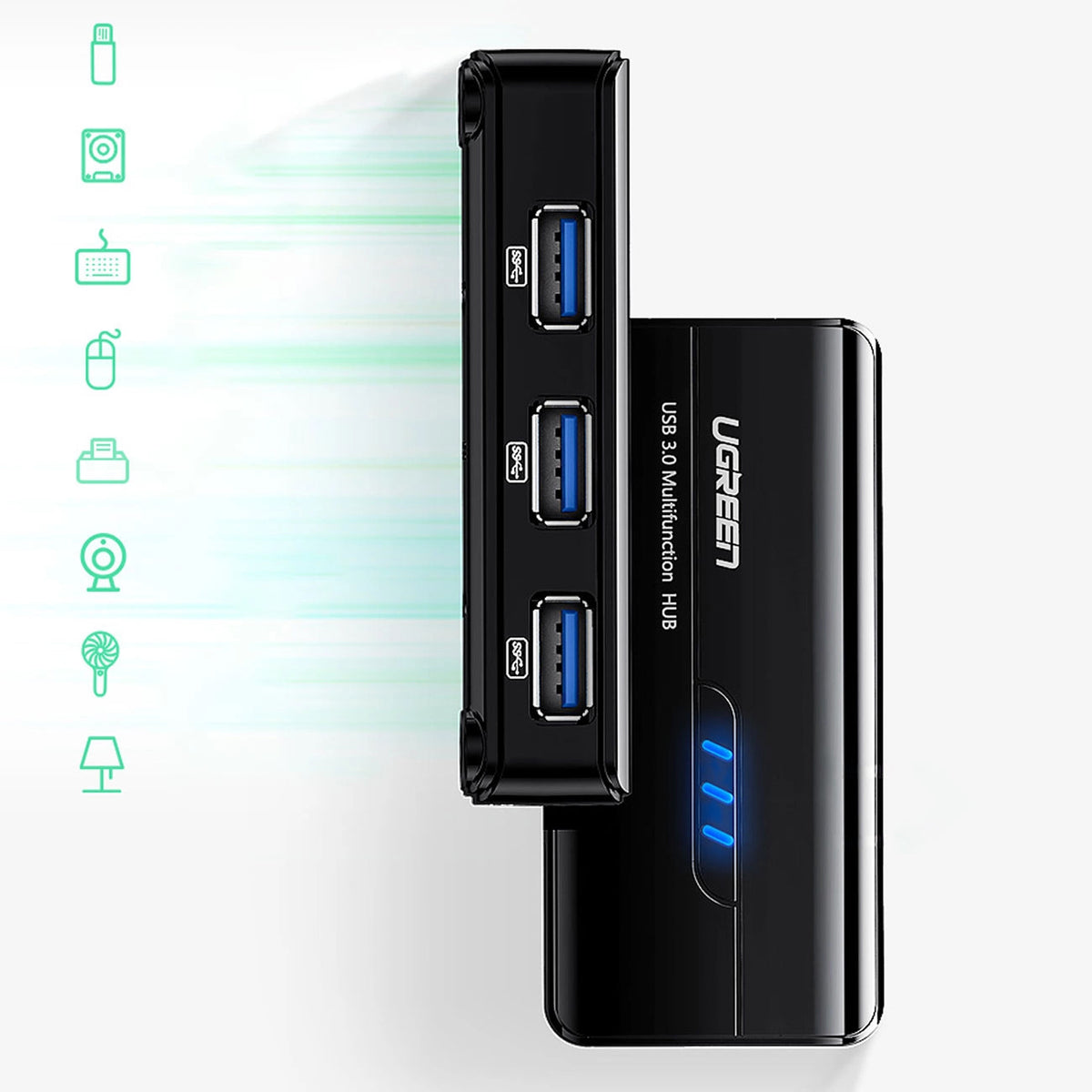 UGREEN 20265 USB-hubi, 3 x USB-A 3.0 - 1 x RJ45, Musta