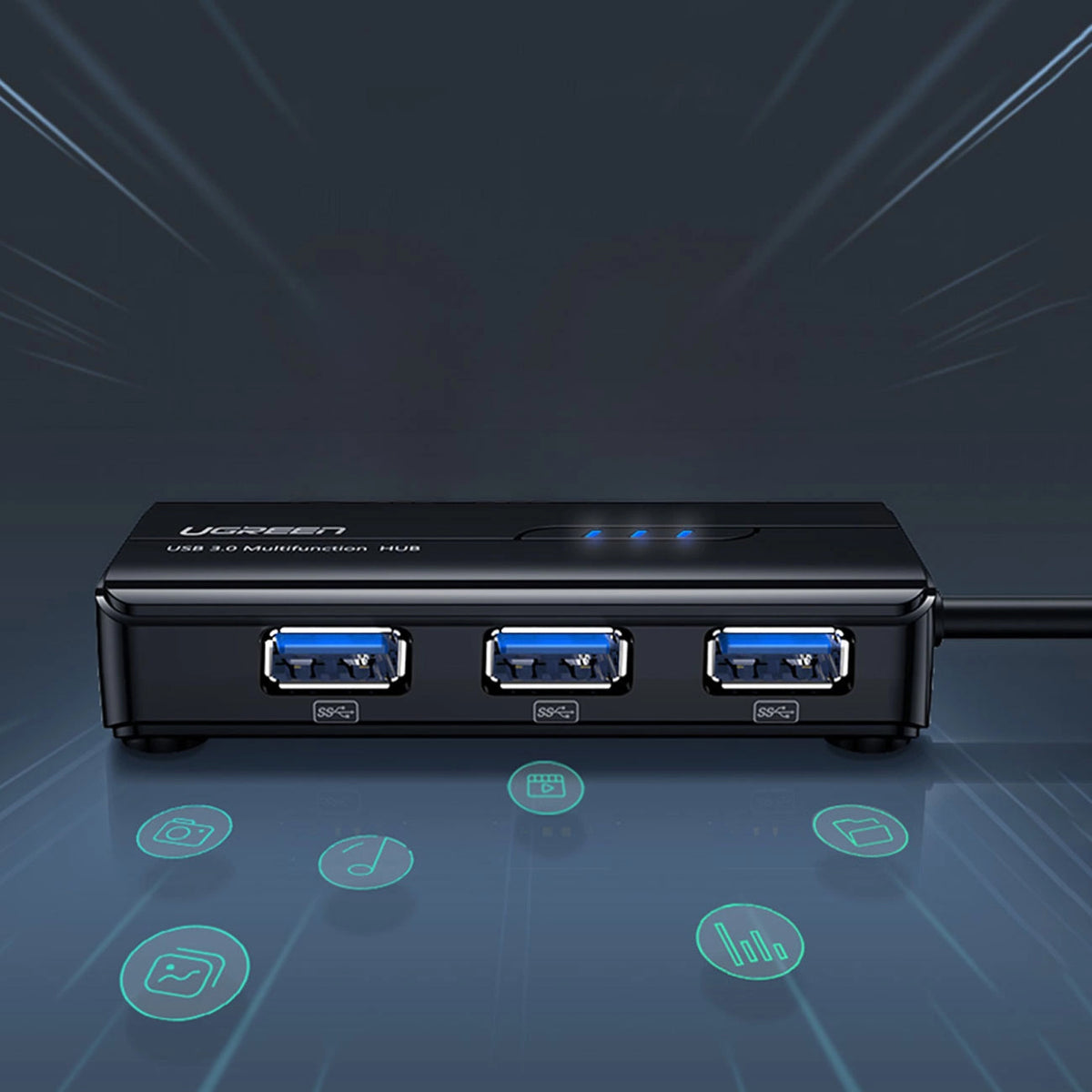 UGREEN 20265 USB-hubi, 3 x USB-A 3.0 - 1 x RJ45, Musta