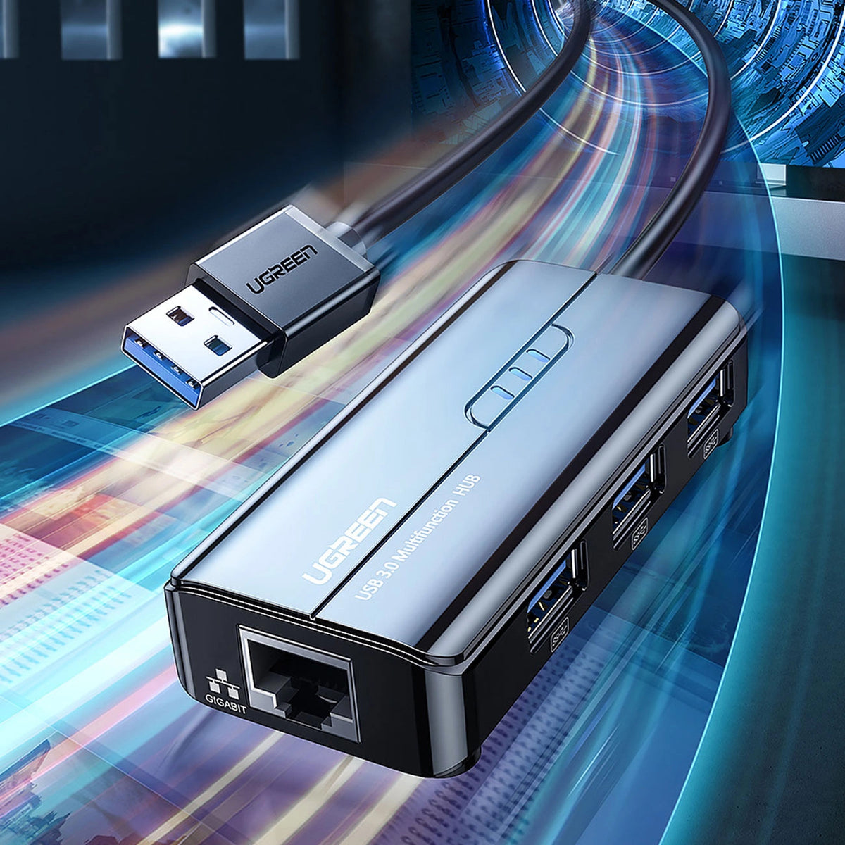 UGREEN 20265 USB-hubi, 3 x USB-A 3.0 - 1 x RJ45, Musta