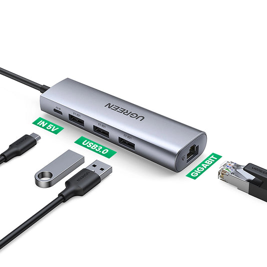 USB-keskitin UGREEN CM266, 3 x USB-A 3.0 - 1 x RJ45, harmaa