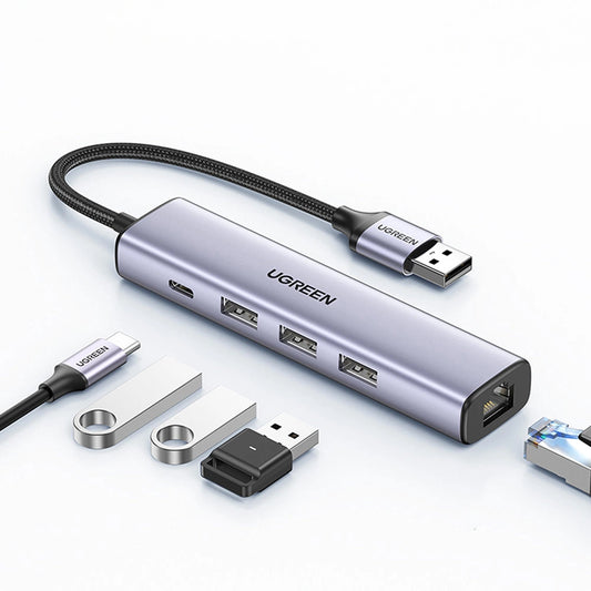 UGREEN CM475 USB-hubi, 3 x USB-A 3.0 - 1 x USB-C - 1 x RJ45, Harmaa