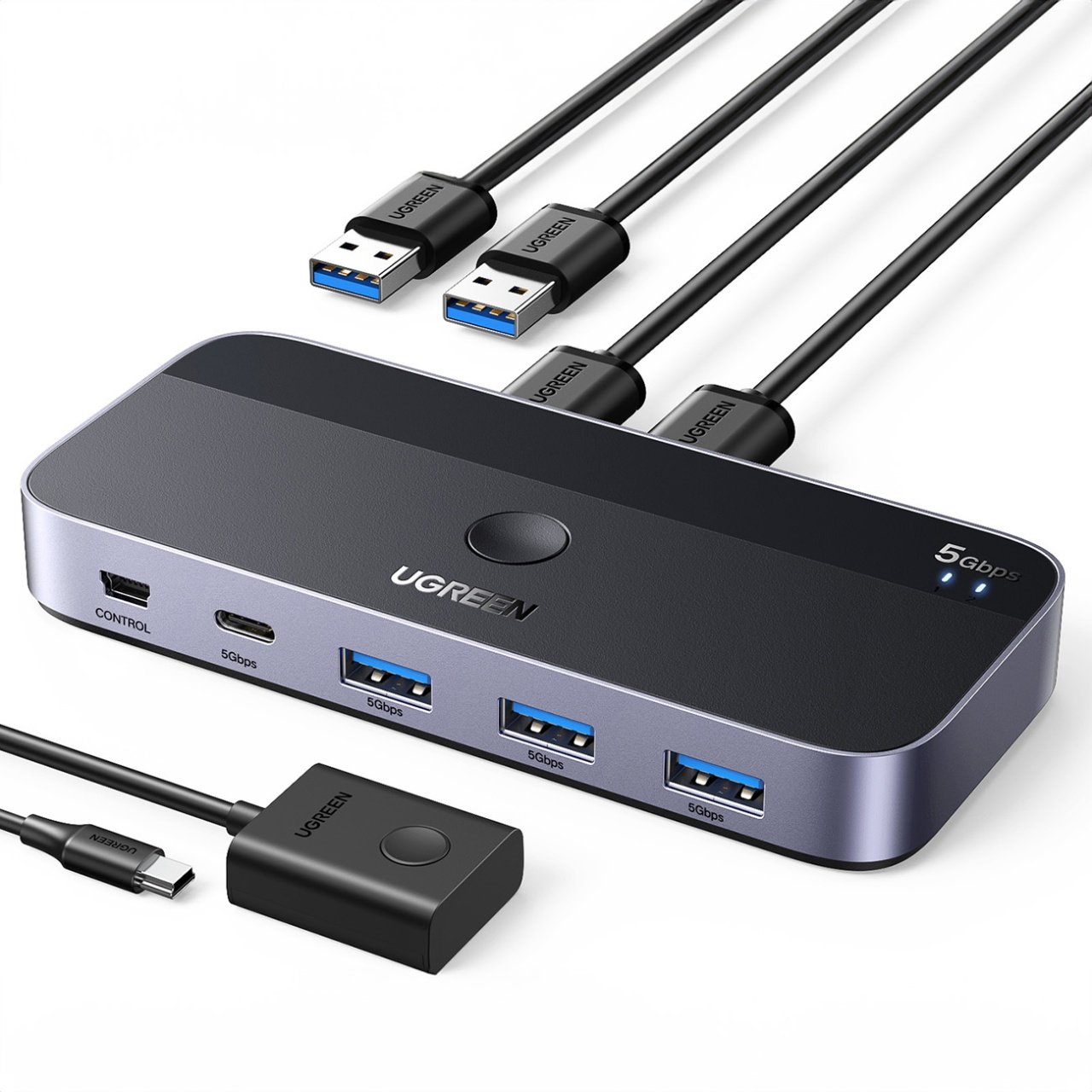Switch USB UGREEN CM662, 3 x USB-A 3.0 - 1 x USB-C - 1 x miniUSB, Musta