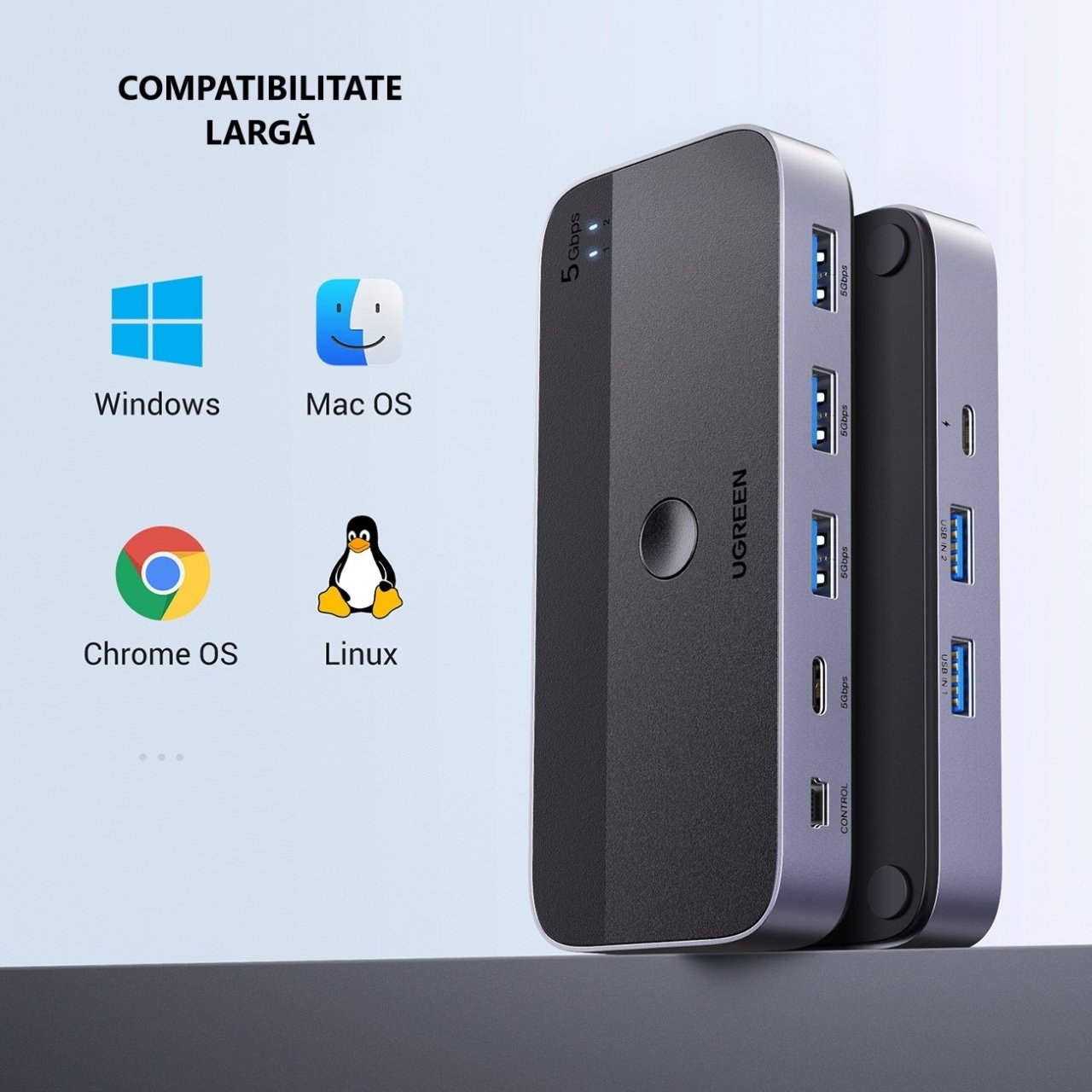 Switch USB UGREEN CM662, 3 x USB-A 3.0 - 1 x USB-C - 1 x miniUSB, Musta