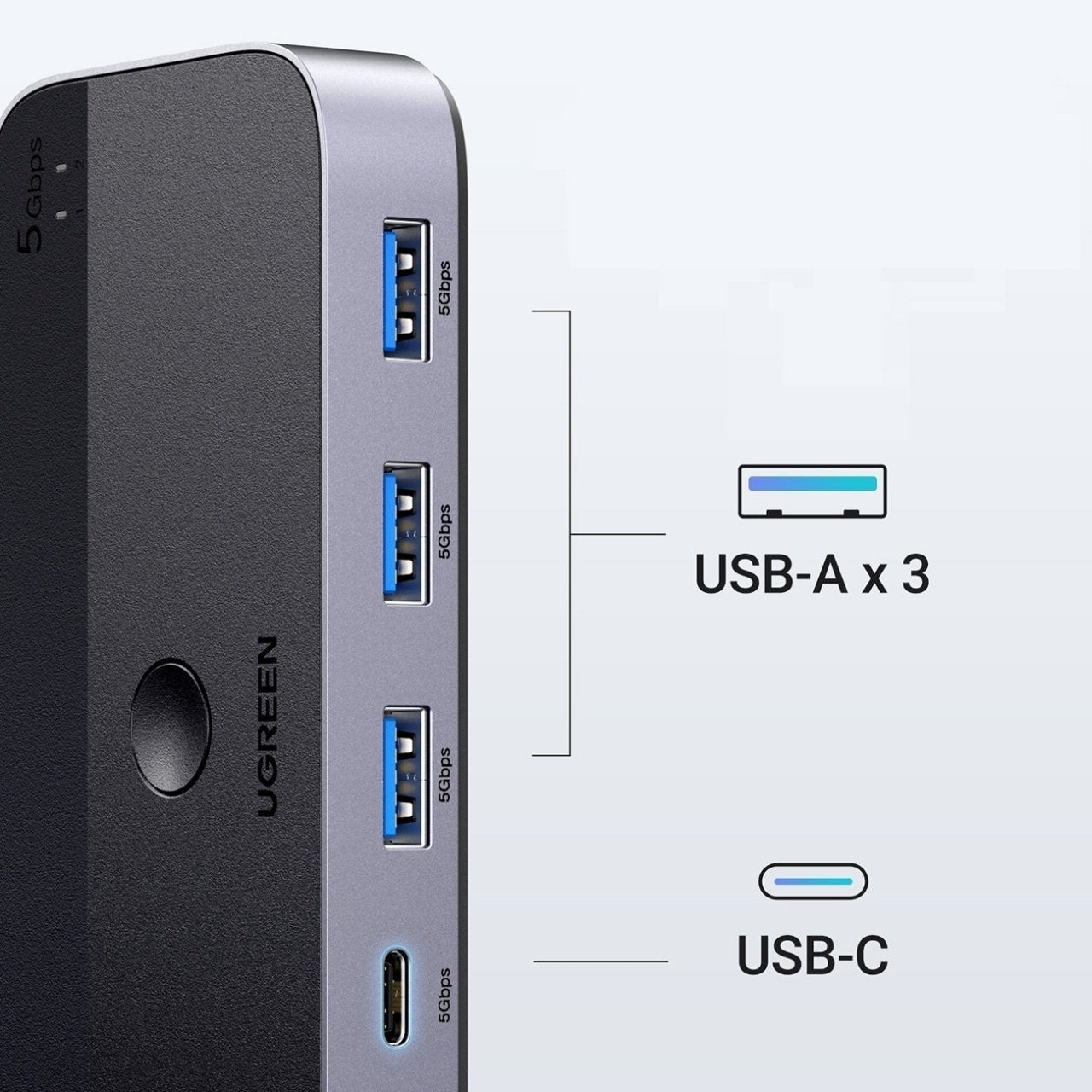 Switch USB UGREEN CM662, 3 x USB-A 3.0 - 1 x USB-C - 1 x miniUSB, Musta