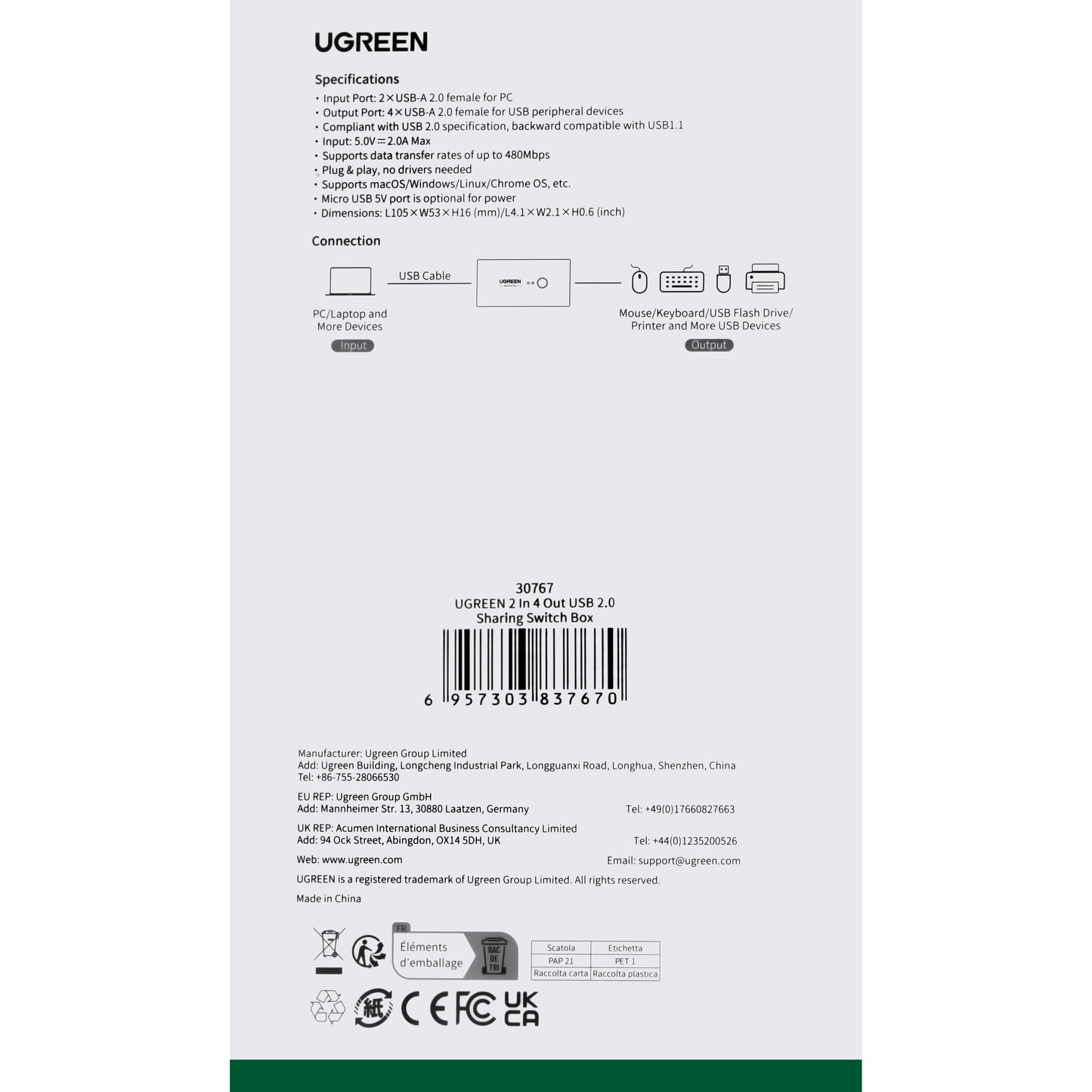 UGREEN US216 USB Switch (30767) Two Sharing Box, 4 x USB-A, Black