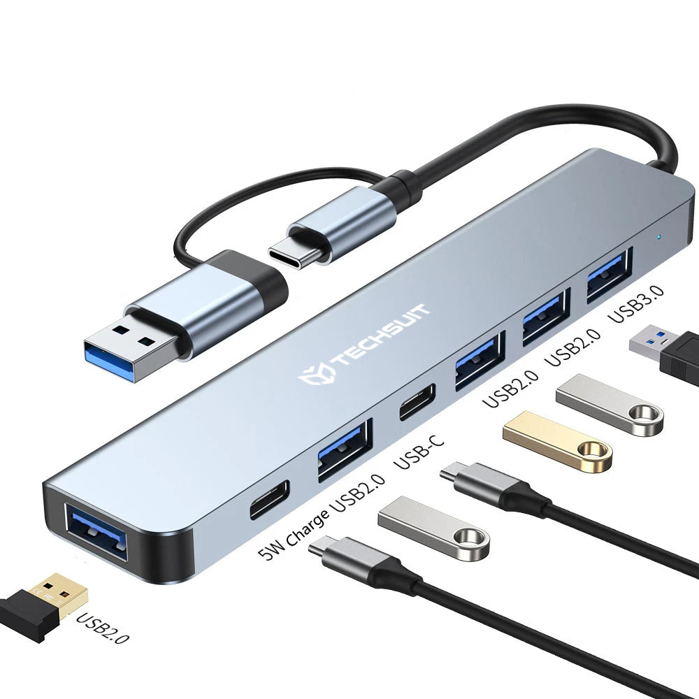 USB / USB-C -keskitin Techsuit H6 DataBridge, 7in1, Harmaa