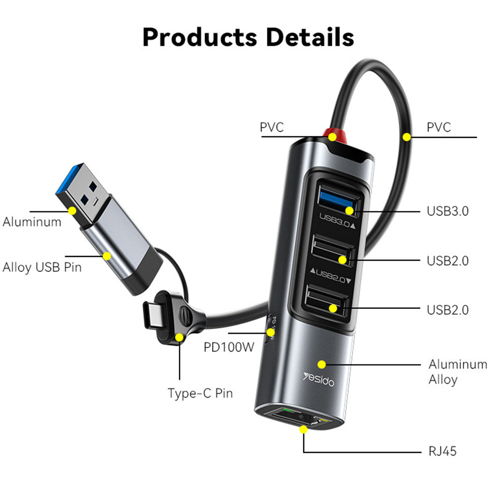USB / USB-C -keskitin Yesido HB21, 5in1, Harmaa