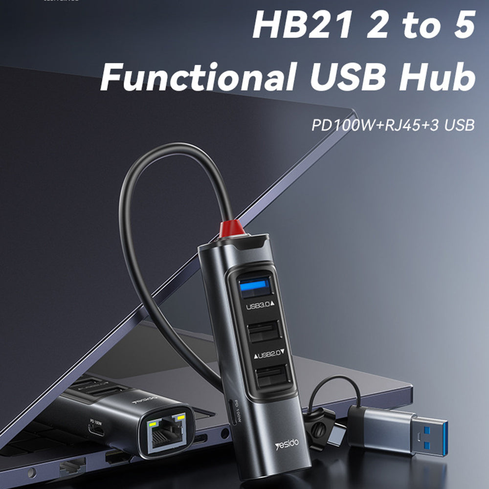 USB / USB-C -keskitin Yesido HB21, 5in1, Harmaa