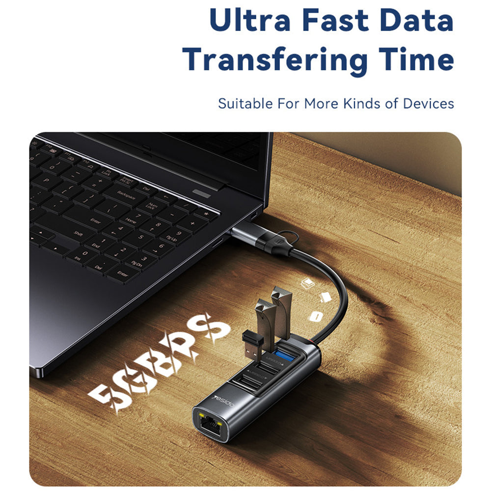 USB / USB-C -keskitin Yesido HB21, 5in1, Harmaa
