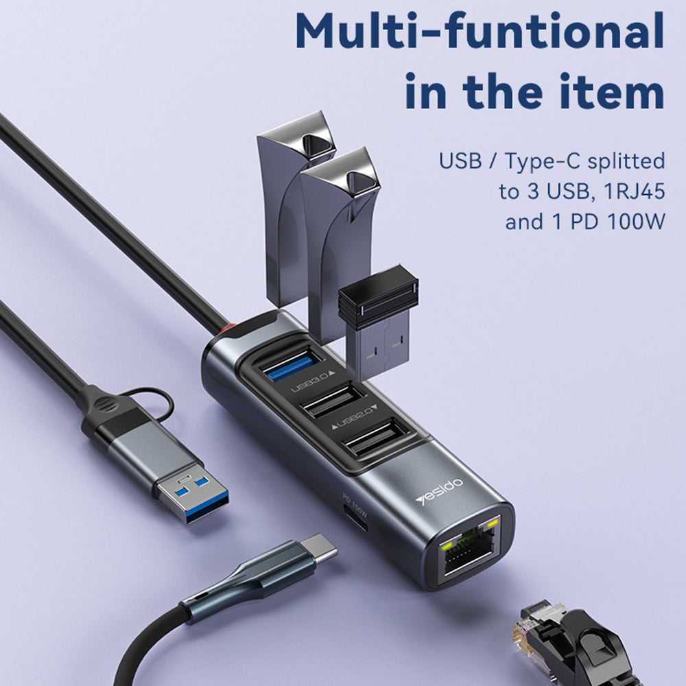 USB / USB-C -keskitin Yesido HB21, 5in1, Harmaa