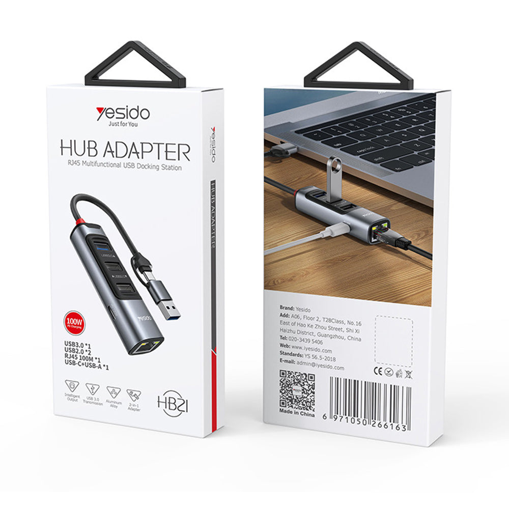 USB / USB-C -keskitin Yesido HB21, 5in1, Harmaa