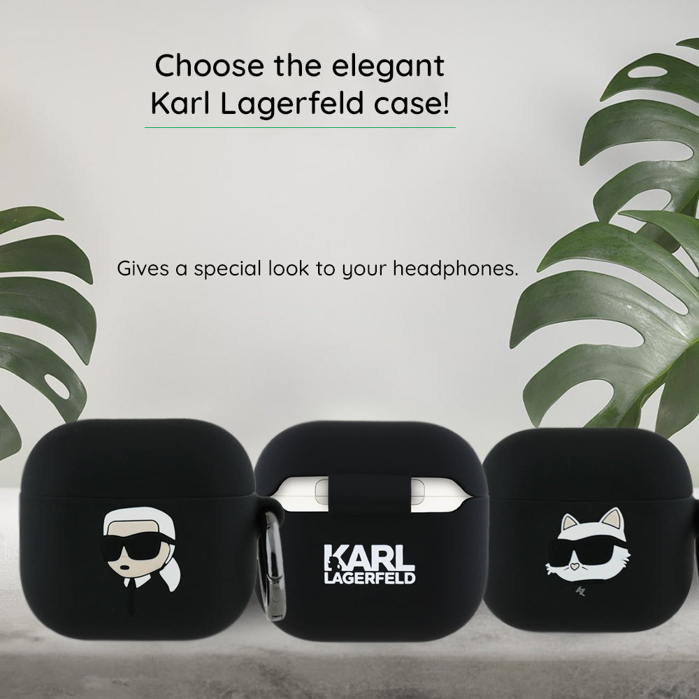 Karl Lagerfeld 3D Karl's Head -suojakotelo Apple AirPods 4:lle, Musta