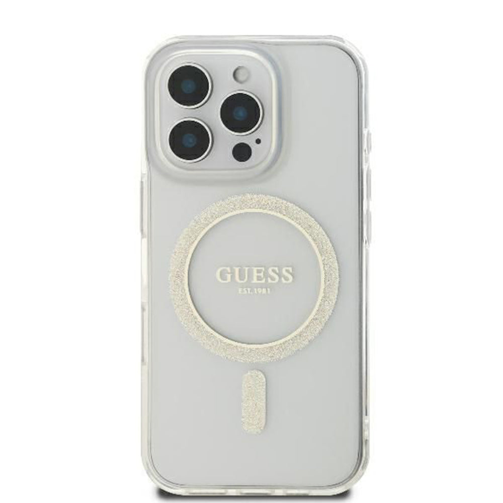 MagSafe-kotelo Apple iPhone 16 Prolle, Guess, IML Glitter Ring, Läpinäkyvä GUHMP16LHFGERET