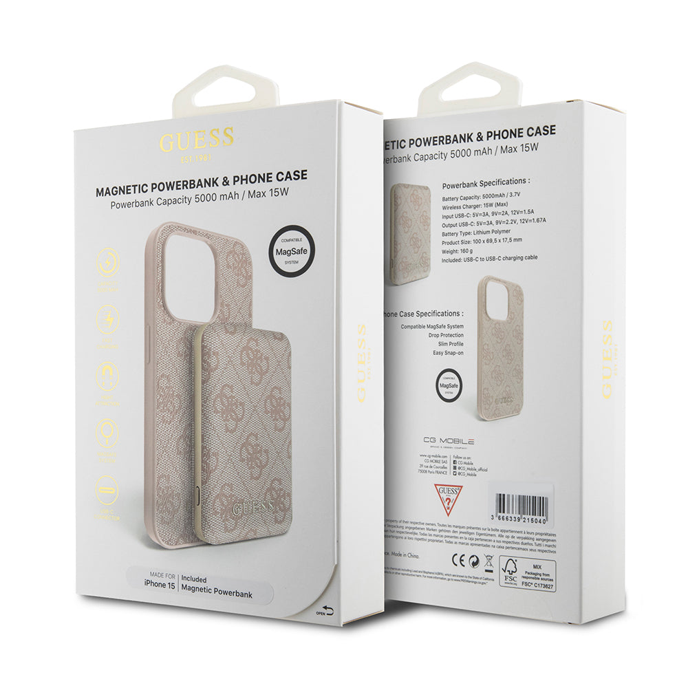 MagSafe-kotelo Apple iPhone 15:lle, Guess, Powerbank 4G Metal Logo, Pinkki