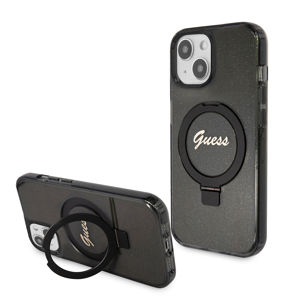 MagSafe-kotelo Apple iPhone 15:lle, Guess, Ring Stand Script Glitter, Musta