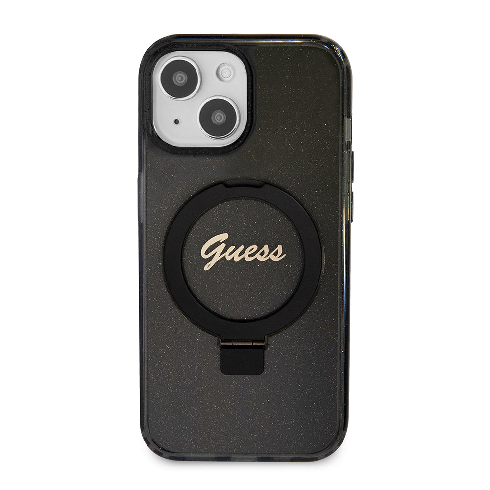 MagSafe-kotelo Apple iPhone 15:lle, Guess, Ring Stand Script Glitter, Musta