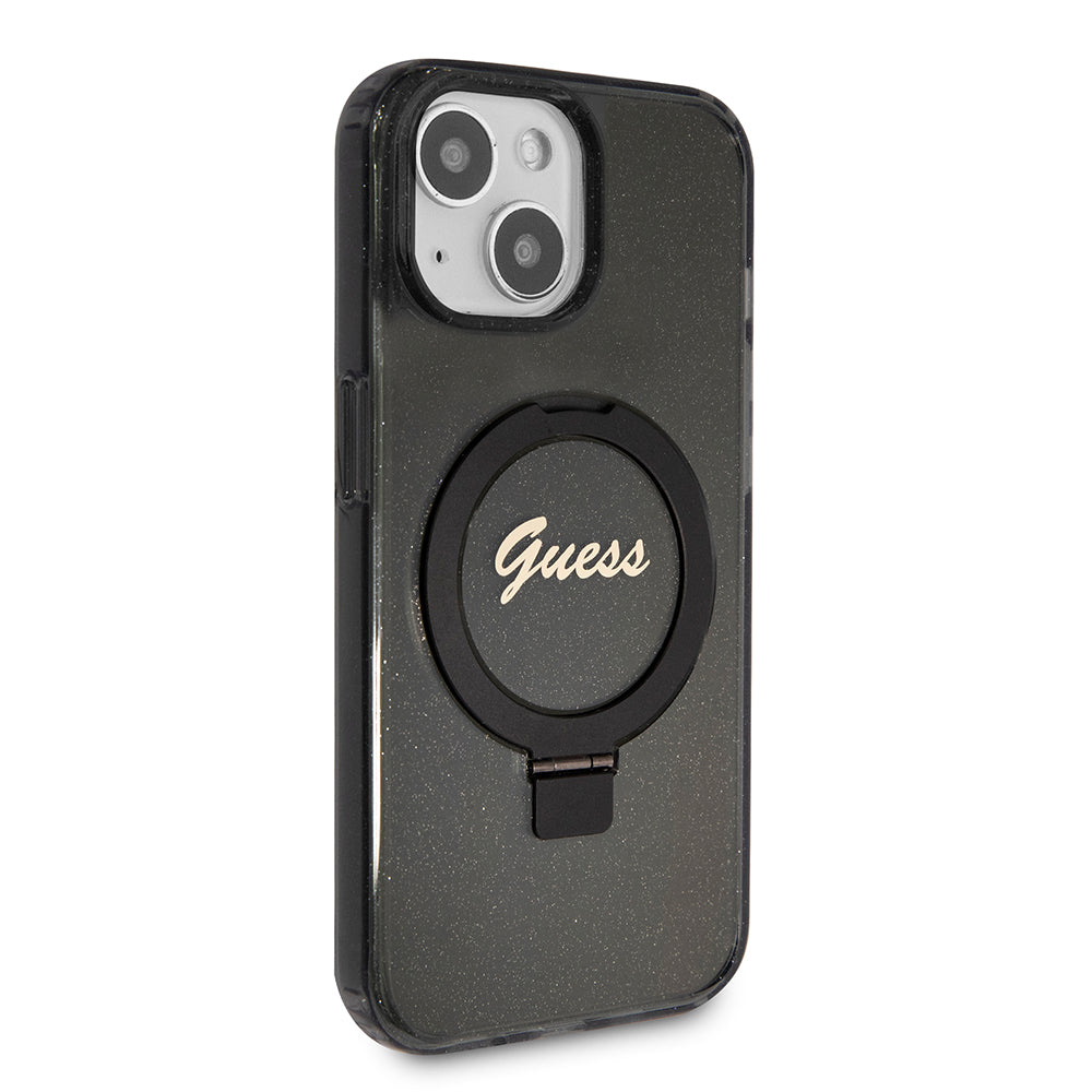 MagSafe-kotelo Apple iPhone 15:lle, Guess, Ring Stand Script Glitter, Musta