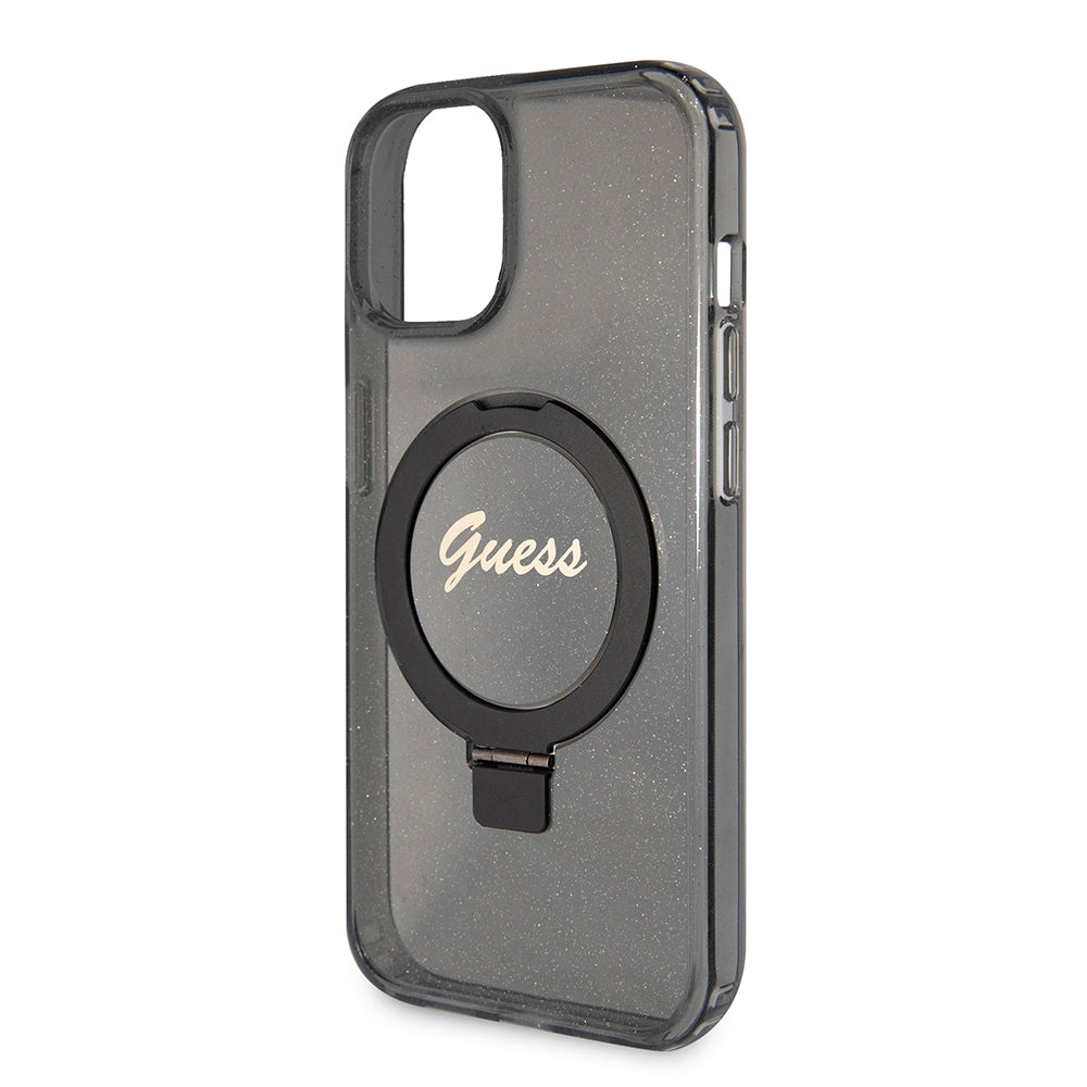 MagSafe-kotelo Apple iPhone 15:lle, Guess, Ring Stand Script Glitter, Musta