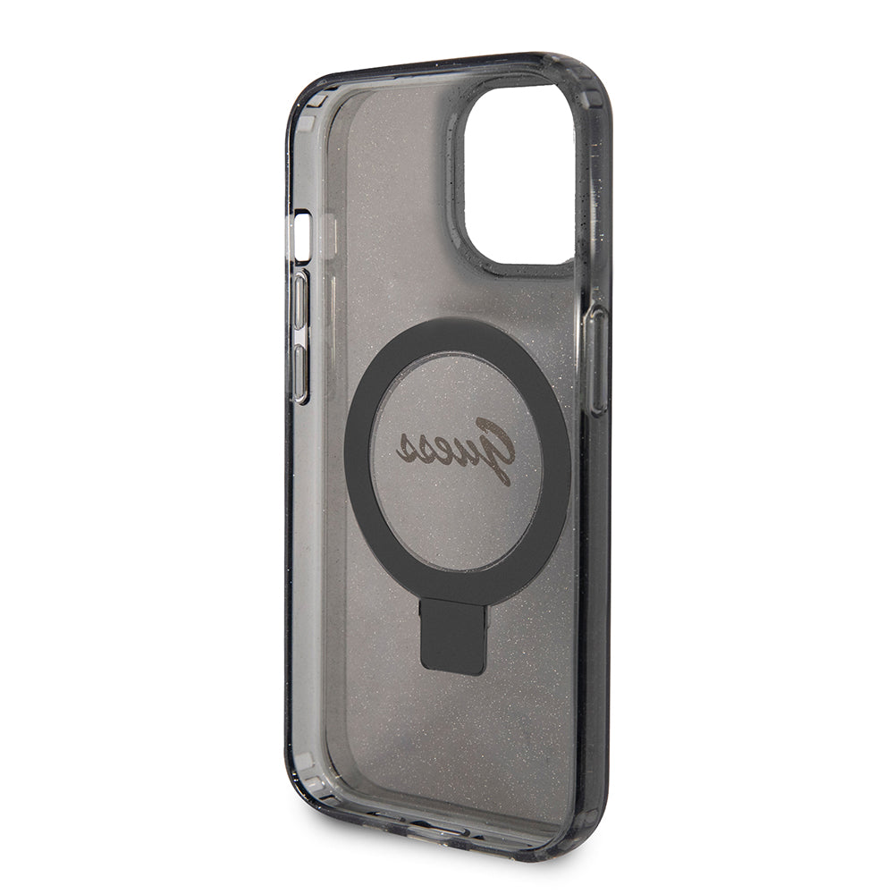MagSafe-kotelo Apple iPhone 15:lle, Guess, Ring Stand Script Glitter, Musta
