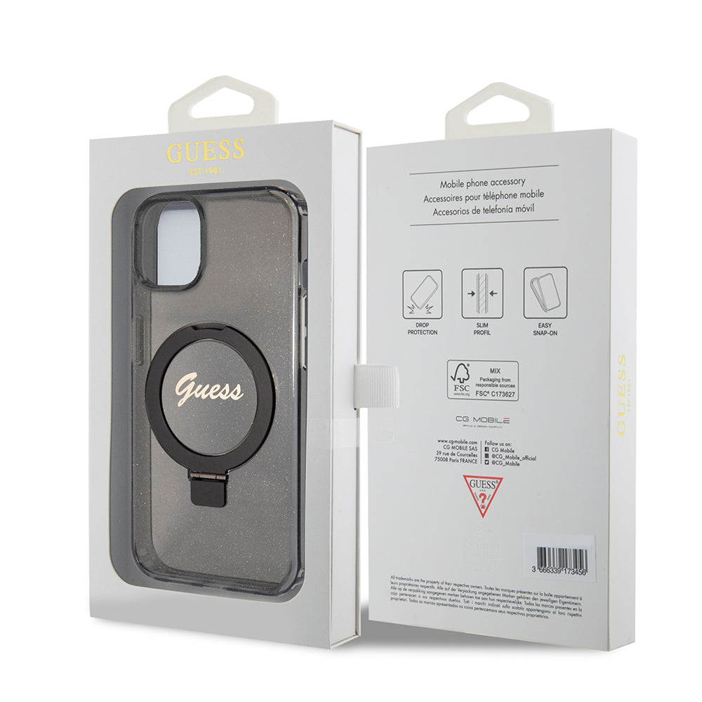MagSafe-kotelo Apple iPhone 15:lle, Guess, Ring Stand Script Glitter, Musta