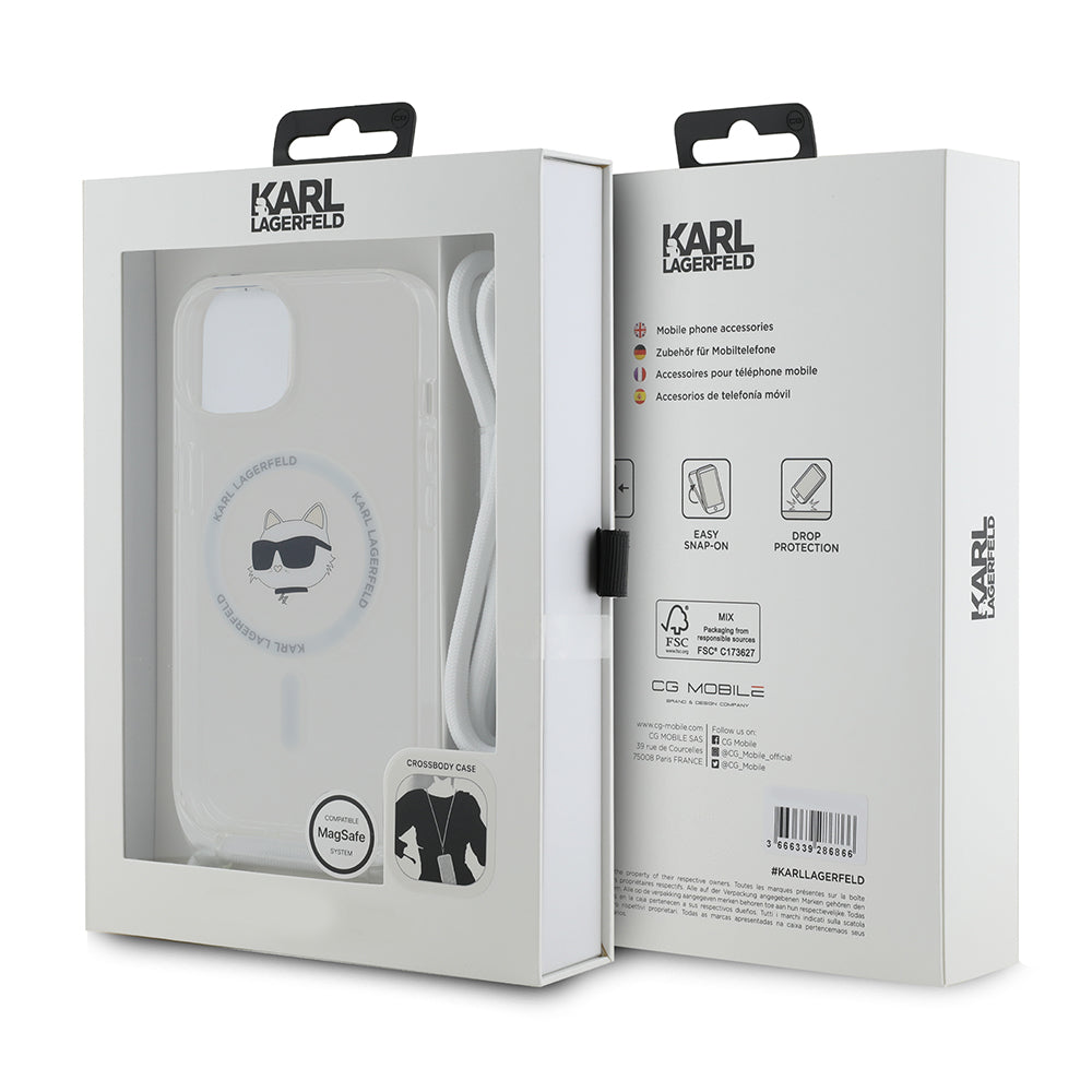 MagSafe-kotelo Apple iPhone 15:lle, Karl Lagerfeld, IML Crossbody Choupette's Head with Strap, Läpinäkyvä