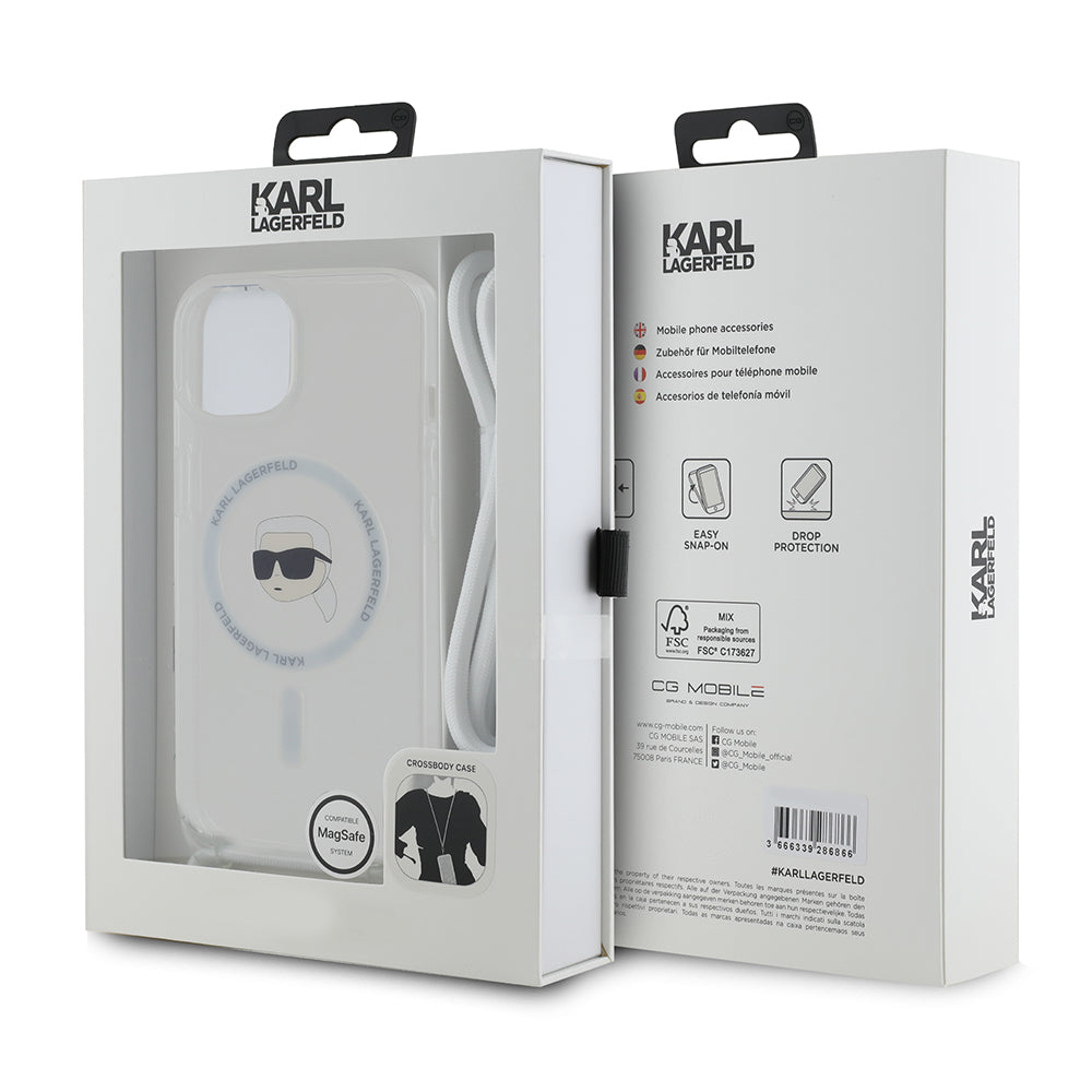 MagSafe-kotelo Apple iPhone 15:lle, Karl Lagerfeld, IML Crossbody Karl's Head, Läpinäkyvä